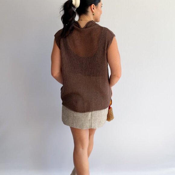Women’s Open-Knit Mock Neck Sweater Tank – Cocoa Brown Top - Picture 3 of 10